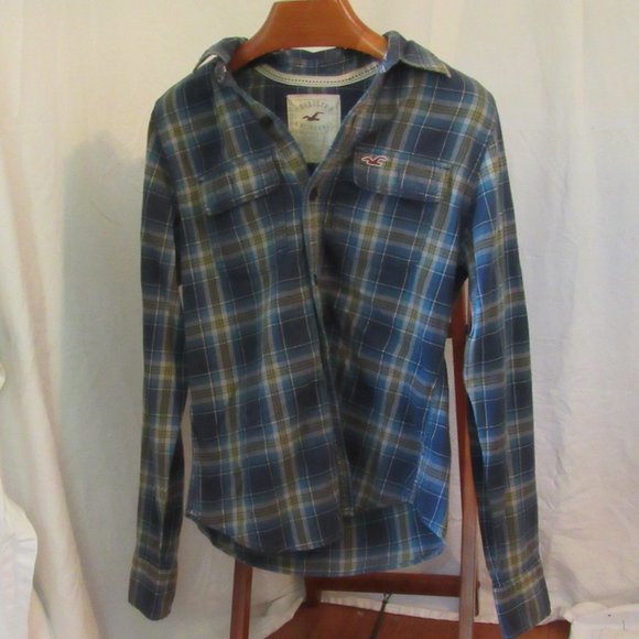 Hollister Mens Blue/Green/Yellow Plaid Oxford Size Small 100% Cotton - Picture 2 of 5